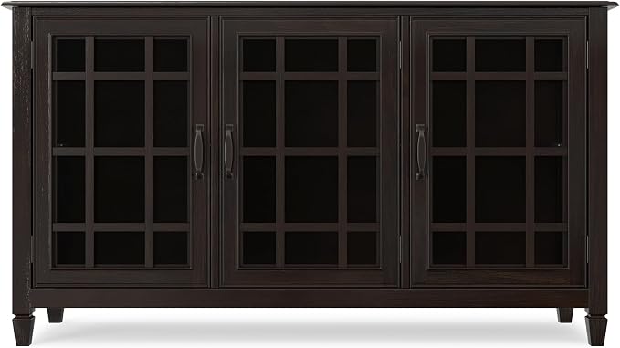 SIMPLIHOME Connaught 60" Solid Wood Buffet in Chestnut Brown | Traditional sideboard buffet with glass doors and adjustable shelves for organized dining or living room storage.