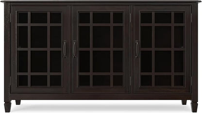 SIMPLIHOME Connaught 60" Solid Wood Buffet in Chestnut Brown | Traditional sideboard buffet with glass doors and adjustable shelves for organized dining or living room storage.