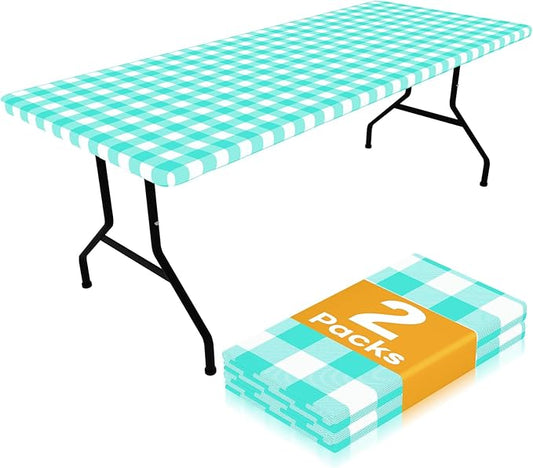 Smiry Picnic Table Cloth 2 Pack, Waterproof Elastic Fitted Tablecloths for 4FT Rectangle Tables, Washable Polyester Buffalo Plaid Tablecloth for Camping, Dining & Outdoor (Teal & White, 30" x 48")