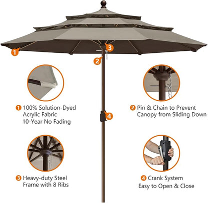EliteShade USA 10-Year-Non-Fading 10ft 3-Tier Market Patio Umbrella, Commercial Grade Outdoor Table Umbrella with Crank Open, Windproof & UPF 50+ UV Protection, Heavy Duty Ventilation for Garden, Deck, Pool, Backyard, Beach & Bistro, No Tilt, Taupe