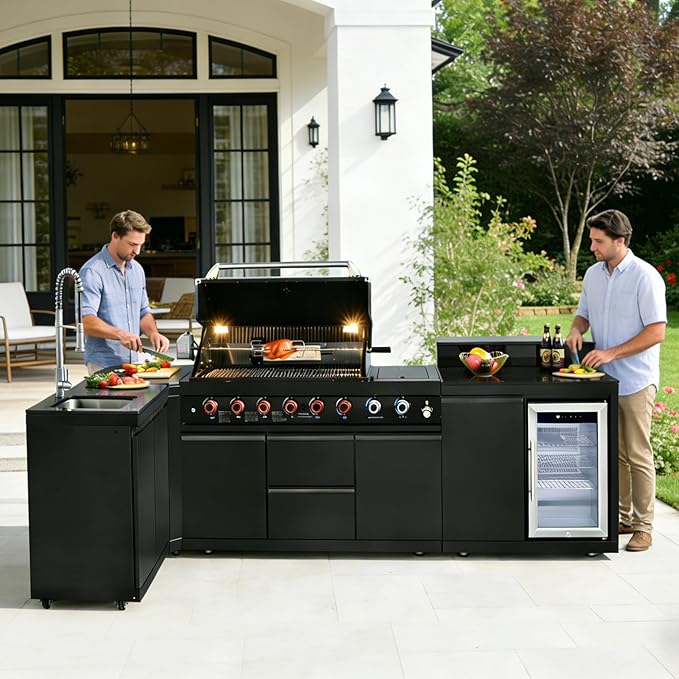 96" Modular Outdoor Kitchen Island with Side Burner, 6-Burner 95,500 BTU Propane BBQ Island, Refrigerator, Bar Counter, Integrated Sink & 3-Tier Corner Cabinet, Black