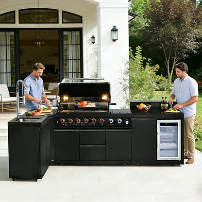 96" Modular Outdoor Kitchen Island with Side Burner, 6-Burner 95,500 BTU Propane BBQ Island, Refrigerator, Bar Counter, Integrated Sink & 3-Tier Corner Cabinet, Black