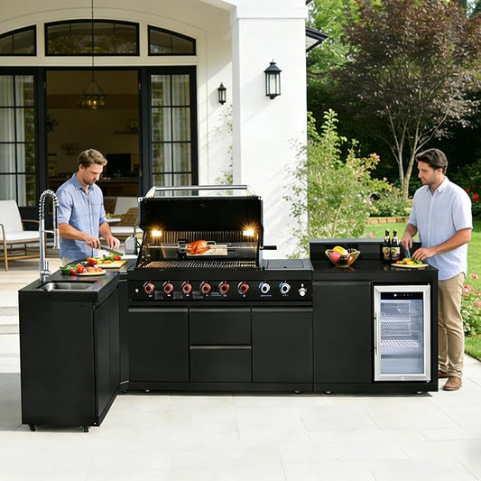 96" Modular Outdoor Kitchen Island with Side Burner, 6-Burner 95,500 BTU Propane BBQ Island, Refrigerator, Bar Counter, Integrated Sink & 3-Tier Corner Cabinet, Black
