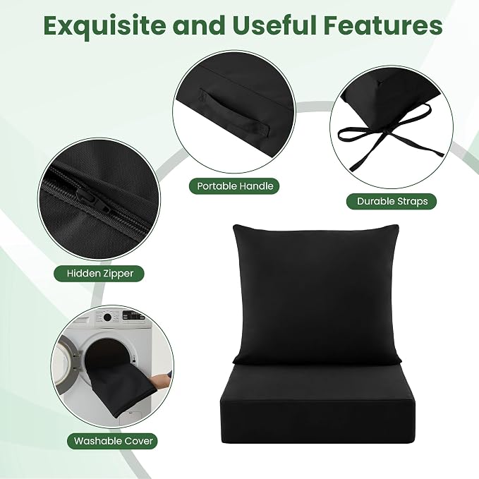 Patio Cushions for Outdoor Furniture, 24x24 Outdoor Couch Cushions, Waterproof & Fade-Resistant Patio Chair Cushions with Removable Cover, Replacement Outdoor Deep Seat Cushion, Black (Set of 1)
