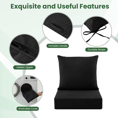 Patio Cushions for Outdoor Furniture, 24x24 Outdoor Couch Cushions, Waterproof & Fade-Resistant Patio Chair Cushions with Removable Cover, Replacement Outdoor Deep Seat Cushion, Black (Set of 2)