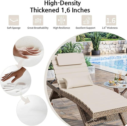 2 Sets of Outdoor Water-Resistant Olefin Chaise Lounge Cushions with Headrest and Pillow, Weather and Fade Resistant Foldable Quilted Lounge Chair Pads with Straps, Beige, 73" L x 22" W