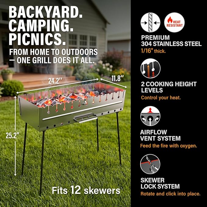 Stainless Steel Charcoal Grill for 12 Skewers – Portable BBQ 24.80"×9.45"×25.2" – Foldable Kabob Mangal – Heavy-Duty Rustproof Grill for Outdoor (Skewers Not Included)