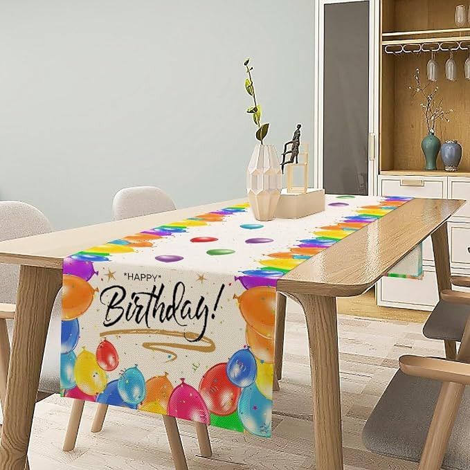 Happy Birthday Table Runner White Table Runner Balloon Confetti Pattern Celebrate Birthday Party Table for Outdoor Home Party 13x120 Inch