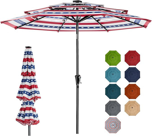HOMSHADE 9FT 3-Tier Solar Patio Umbrella Heavy Duty, Vented Market Table Umbrella Windproof w/32 LED Lights, UPF50+, 5-Year Fade Resistant, for Pool, Lawn, Garden, Deck (No Base)