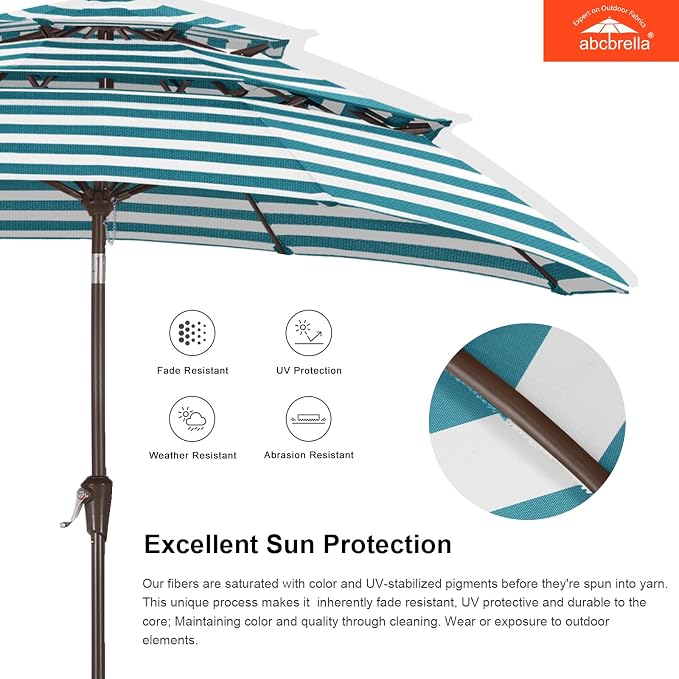 ABCCANOPY 9FT 3-Tier OLEFIN® Patio Umbrella with Stripe, 5-Year No Fading | Heavy Duty Fade-Resistance Outdoor Umbrella, 8 Sturdy Ribs, Tilt, Crank for Backyard, Garden, Yard, Pool, Turquoise Stripe