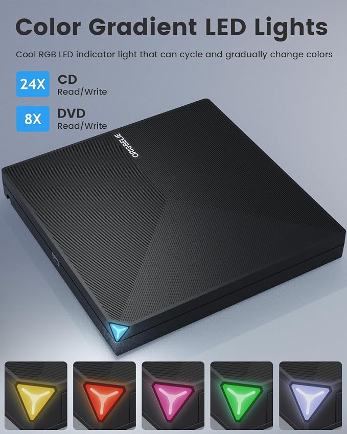 ORIGBELIE External CD DVD Drive, Portable USB C & A USB 3.0 DVD +/-RW Player Burner Reader Writer Optical CD ROM Disc Drive for MacBook Laptop iMac Desktop PC Windows 11/10/8/7/XP Linux Mac OS