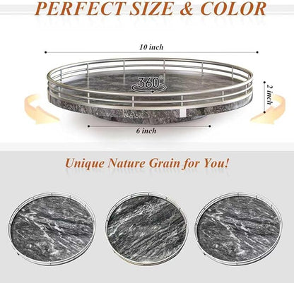 AHM10-Inch Gray Marble Lazy Susan with Silver Iron Frame | Smooth rotating oak tray with walnut finish for dining tables, kitchen counters, pantries and cabinet storage.