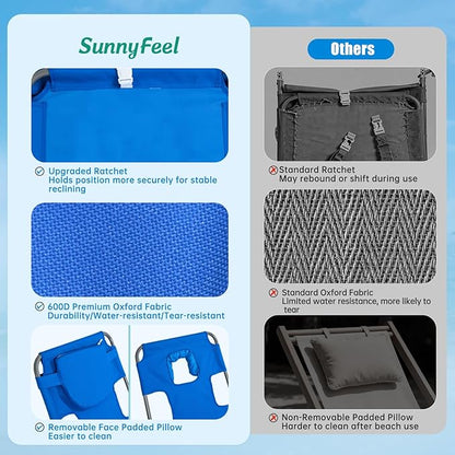 SUNNYFEEL Lay Flat Tanning Chair 2 Pack with Face Down Hole & Arm Slots, Backpack Beach Lounge Chair, 5-Position Folding Sunbathing Chair, 300 LBS Heavy Duty, 72" L x 22" W for Beach, Pool, Camping
