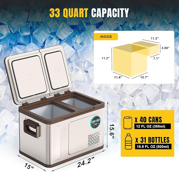 YELLOW JACKET Portable Car Refrigerator 33 Quart, Portable Freezer Dual Zone Electric Cooler for Outdoor Camping Travel,12/24V DC 110~240 Volt AC Refrigerator for Truck RV Home Office,-4℉-68℉