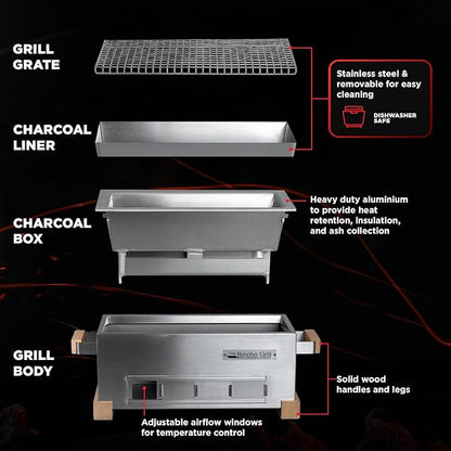 The Bincho Grill 16" Mini Yakitori Grill – Stainless Steel Mini Tabletop Charcoal BBQ with Charcoal Box, Optimized Airflow & Cool-Touch Base - Perfect for Japanese Grilling, Skewers, Meat, Seafood