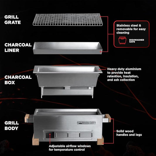The Bincho Grill 16" Mini Yakitori Grill – Stainless Steel Mini Tabletop Charcoal BBQ with Charcoal Box, Optimized Airflow & Cool-Touch Base - Perfect for Japanese Grilling, Skewers, Meat, Seafood