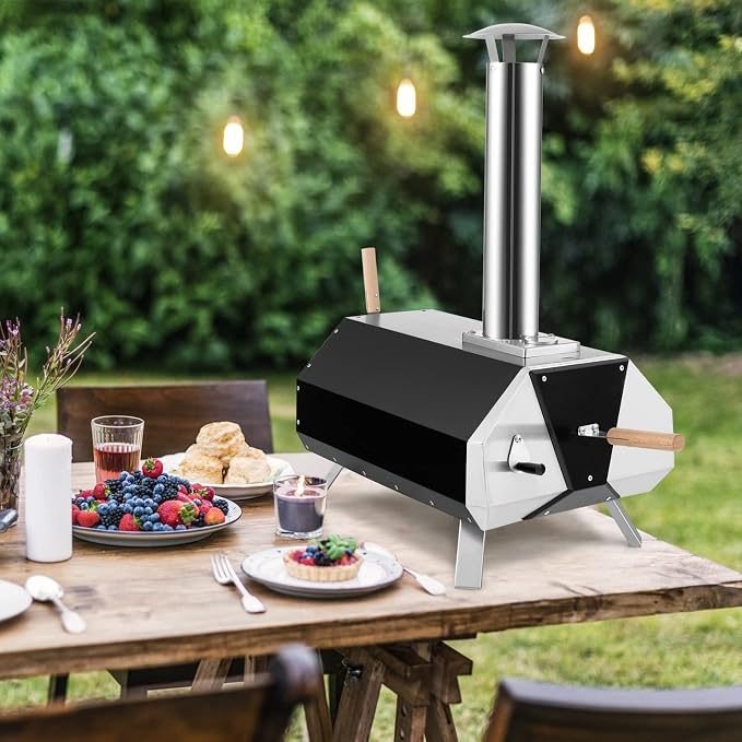 COSTWAY Outdoor Pizza Oven, with 12” Pizza Stone, Wood Fired Pizza Maker with Foldable Legs & Built-in Thermometer, Stainless Steel Wood Pellet Pizza Grill for Camping, Backyard, Picnic, Party, Black