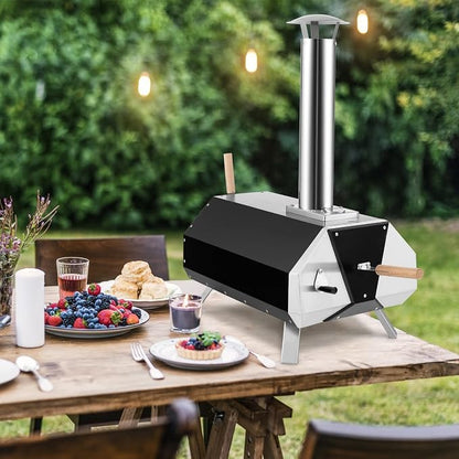 COSTWAY Outdoor Pizza Oven, with 12” Pizza Stone, Wood Fired Pizza Maker with Foldable Legs & Built-in Thermometer, Stainless Steel Wood Pellet Pizza Grill for Camping, Backyard, Picnic, Party, Black