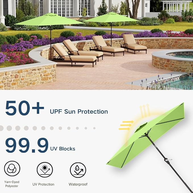 6.5' x 10' Rectangular Patio Umbrella Large Outdoor Market Umbrella w/UV Protection, Push Button Tilt and Crank Lift, Rectangle Table Umbrella for Garden, Deck, Pool, Patio, Apple Green