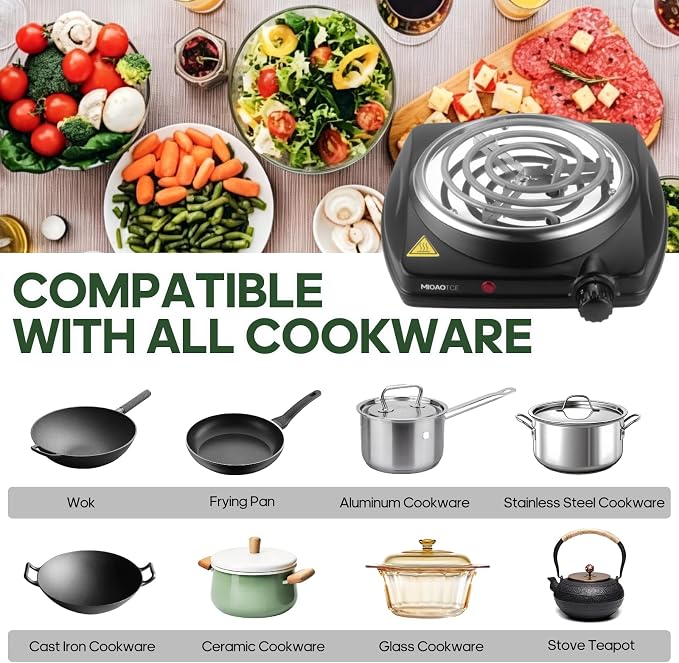 Single Burner Hot Plate Electric, 1000 Watts Electric Burner with 5.5" Coiled Element, Adjustable Temperature, for Dorm, Office, Home, Camp, Compatible for All Cookwares