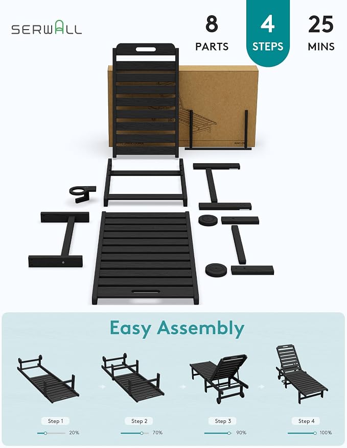 SERWALL HDPE Outdoor Chaise Lounge with Cup Holder & Wheels, Black | Weather-resistant chaise lounge resists fading, with 5-level adjustable back, cup holder and wheels.