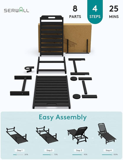 SERWALL HDPE Outdoor Chaise Lounge with Cup Holder & Wheels, Black | Weather-resistant chaise lounge resists fading, with 5-level adjustable back, cup holder and wheels.