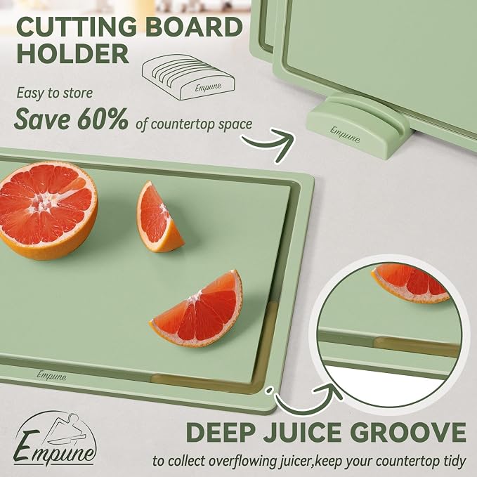 Empune 3-Piece Plastic Cutting Boards for Kitchen - Thick & Non-Slip Chopping Board Set with Juice Grooves, Dishwasher Safe, BPA Free, Includes Large & Small Sizes, Green