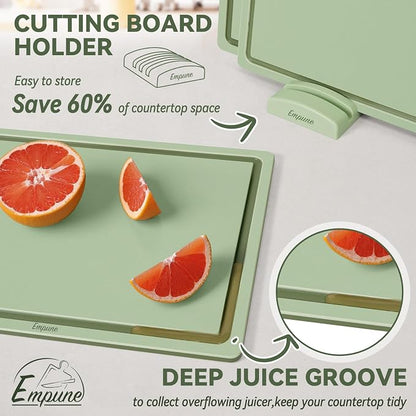 Empune 3-Piece Plastic Cutting Boards for Kitchen - Thick & Non-Slip Chopping Board Set with Juice Grooves, Dishwasher Safe, BPA Free, Includes Large & Small Sizes, Green