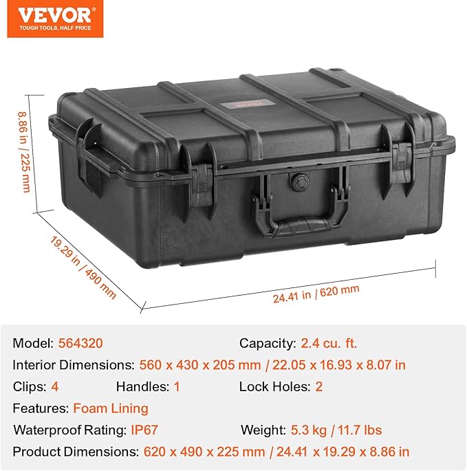 VEVOR Weatherproof Hard Case, Heavy Duty Protective Dry Box with Pre-cut Foam, and Retractable Pull Handles for Travel, Hunting, Military, Tactical, IP67 Waterproof Case for Cameras (24.4×19.3×8.9)