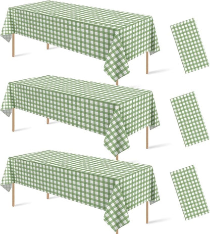 3 Pcs Sage Green Gingham Tablecloths, Checkered Table Covers 54 x 108 Inch | Green and White Checkered Tablecloths, Disposable Waterproof for Baby & Bridal Shower Picnic Camping Barbecue Birthday Party