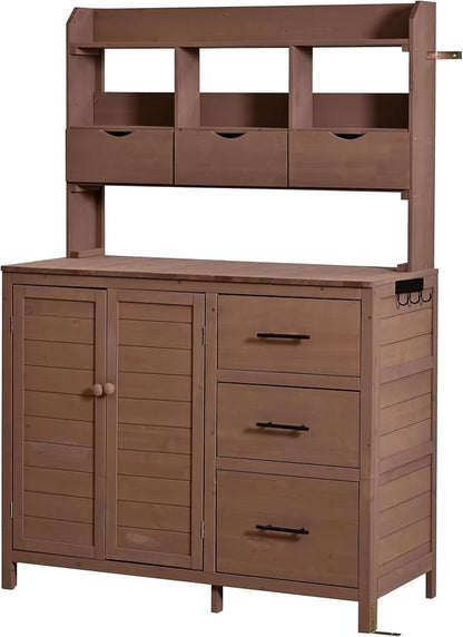Merax Farmhouse Potting Bench with 6 Drawers, 44.6” Large Garden Workstation, Outdoor Kitchen Island with Bottom Cabinet & Hooks, Freestanding Patio Furniture,Brown