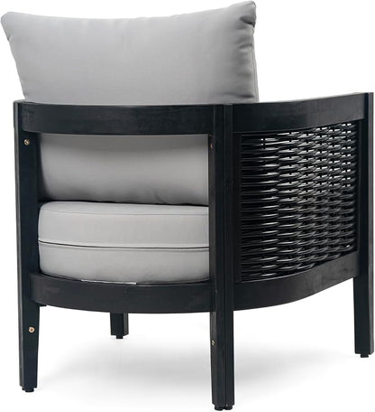 Christopher Knight Home Newine Acacia Wood Patio Accent Chair, Wooden Lounge Chair Outdoor, Wicker Club Chair with Removable Cushion, Comfy Reading Chair for Backyard/Garden/Balcony, Black+Light Grey