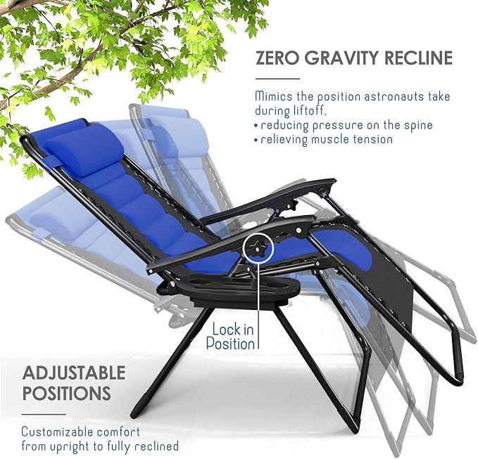 Nestl Padded Oversized Zero Gravity Chair, XL Outdoor Lounge Chair Set of 2 | Adjustable Headrest, Cup Holder & Side Tray, Support 330 LBS, Anti Gravity Reclining, For Patio, Camping & Beach, Black/Blue
