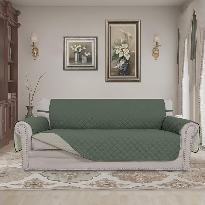 Easy-Going Reversible Couch Cover, 3 Cushion Sofa, Greyish Green/Beige | X-Large Sofa, Washable Slipcover For Dogs, Water Resistant Mat, Living Room, Non-Slip Sofa Cover, Pet Friendly
