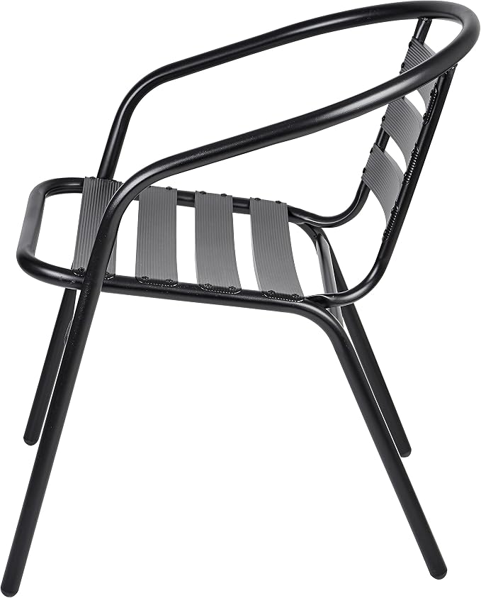 Indoor Outdoor 23.75" Restaurant Stainless Steel Aluminum Metal Slat Stack Commercial Lightweight, 3 Chairs with a Round Table, Silver/Black