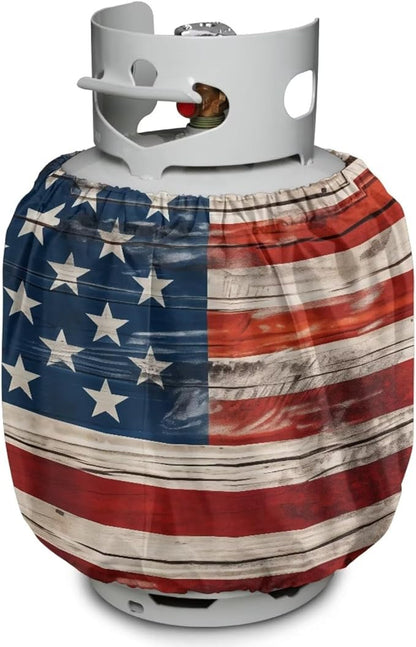 American Flag Dual Propane Tank Cover 20lb, Outdoor Heavy Duty Waterproof Windproof Gas Tank Cylinder Cover with Elastic Brand Fits Standard 20lb Cylinder