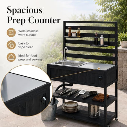 Patio Rolling Kitchen Island with Sink, 41.7 Inch Outdoor BBQ Cart | Solid fir wood frame, stainless steel top and sink, patio BBQ prep, 4 lockable wheels, 2 movable shelves, 41.7 x 16.6 x 65 in