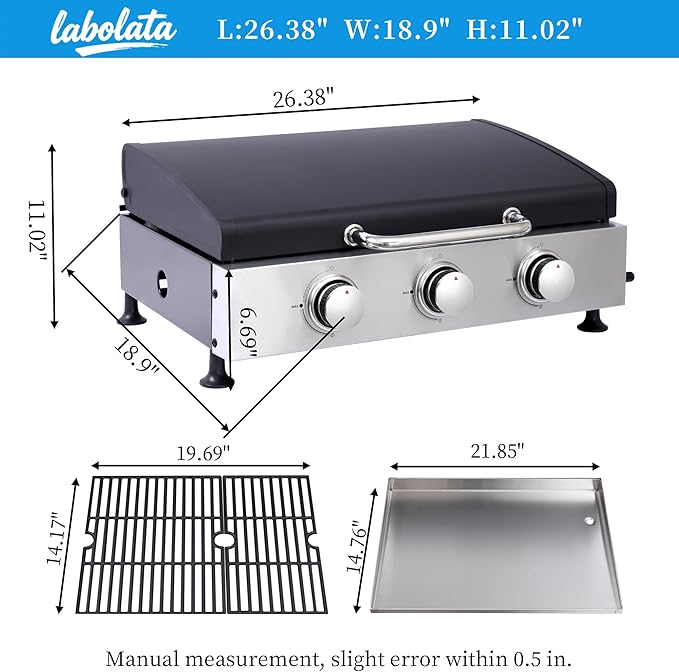 Portable Flat Top Griddle – Tabletop Teppanyaki Gas Grill, 3-Burner Gas Griddle 30,000 BTU, Stainless Steel Griddle Plate + Cast Iron Grates, Large Cooking Area for Camping, Tailgate, Backyard