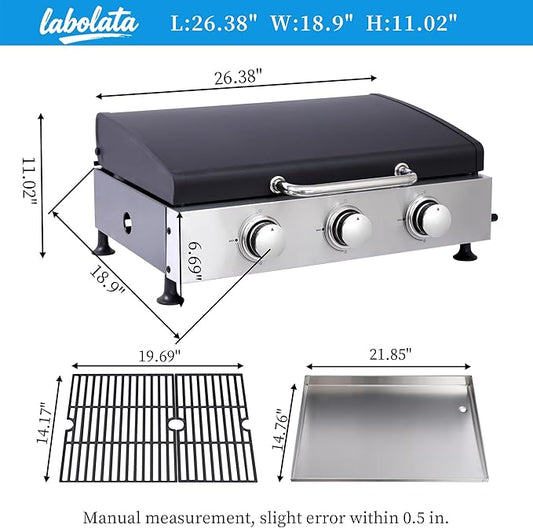 Portable Flat Top Griddle – Tabletop Teppanyaki Gas Grill, 3-Burner Gas Griddle 30,000 BTU, Stainless Steel Griddle Plate + Cast Iron Grates, Large Cooking Area for Camping, Tailgate, Backyard