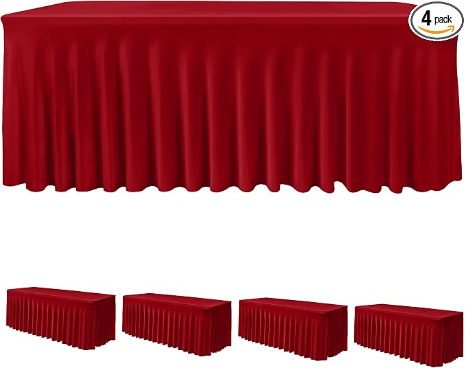 4 Pack Red Tablecloths Spandex Table Covers 8ft for Christmas Decor | Ruffle Design, Elastic Table Covers, Holiday Essentials, Table Cloths For 8 Foot Rectangle Table,Wrinkle Resistant