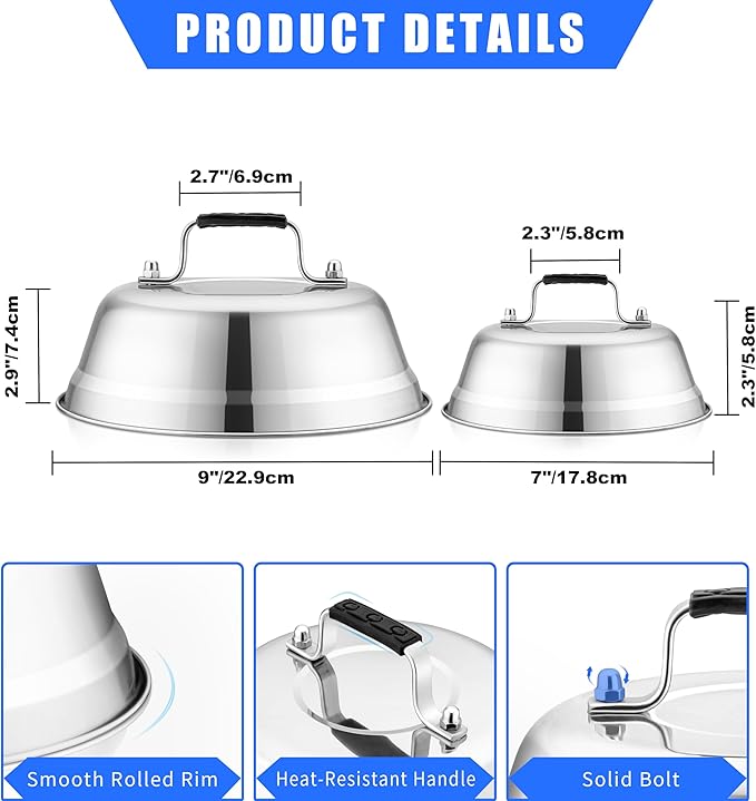 Cheese Melting Dome Set of 3, Leonyo 12"-9"-6.5" Metal Steam Basting Cover for Griddle Grill, Heavy duty Stainless Steel Griddle Accessories for BBQ Flat Top Kitchen Cooking Hamburger, Heat Proof Grip