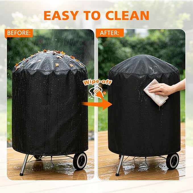 Round BBQ Grill Cover for Weber 22" and Most Kettle Charcoal Grill | Windproof,Waterproof,Tear Resistant,UV Protection,30" Dia x 38" H