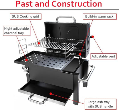 BBQCuker Portable Charcoal Grill with Warming Rack, Tabletop Charcoal Grill, Small BBQ Grill with Thermometer(100-800°F), Outdoor Charcoal Smoker for Camping, Picnic, Hiking, Beach and Travel