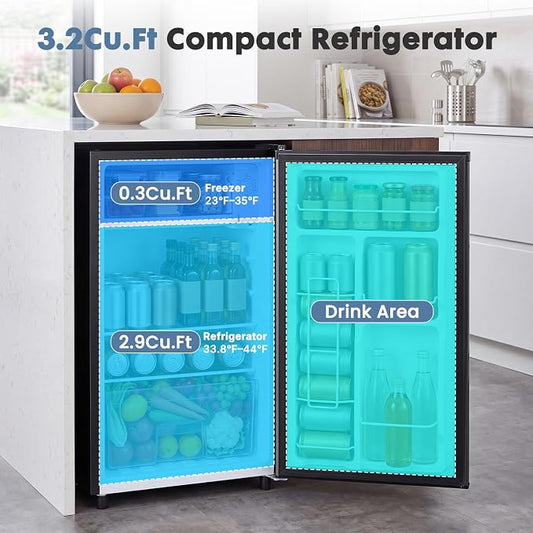 DUMOS 3.2 Cu.Ft Mini Fridge with Freezer, Single Door Refrigerator with Adjustable Thermostat, Compact Small Fridge for Bedroom, Office, Dorm, Single Door Black