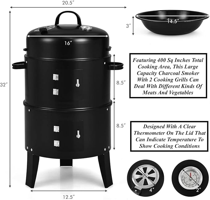 Portable 3 in 1 Vertical Charcoal Smoker BBQ Grill Roast Braise Fire Pit With 1 Charcoal Grill 2 Water And Fire Basins 2 Cooking Grills 6 Hooks Built-In Thermometer 2 Independent Detachable Layers