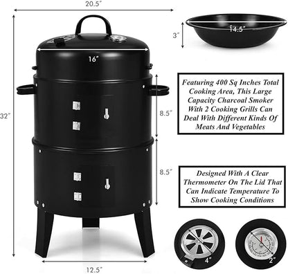 Portable 3 in 1 Vertical Charcoal Smoker BBQ Grill Roast Braise Fire Pit With 1 Charcoal Grill 2 Water And Fire Basins 2 Cooking Grills 6 Hooks Built-In Thermometer 2 Independent Detachable Layers