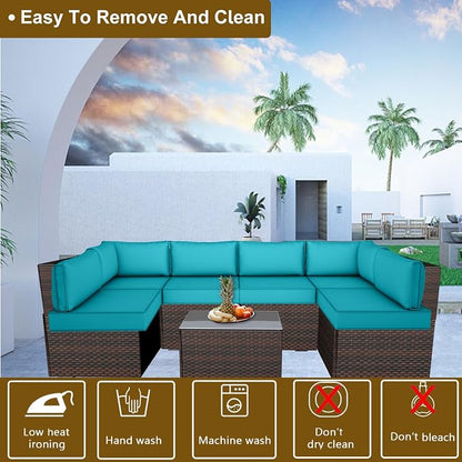 14 Piece Outdoor Patio Cushion Cover Replacement, Waterproof Patio Cushion Covers, Outdoor Furniture Cushion Covers Set for 6 Seat Wicker Rattan Sofa (Blue)