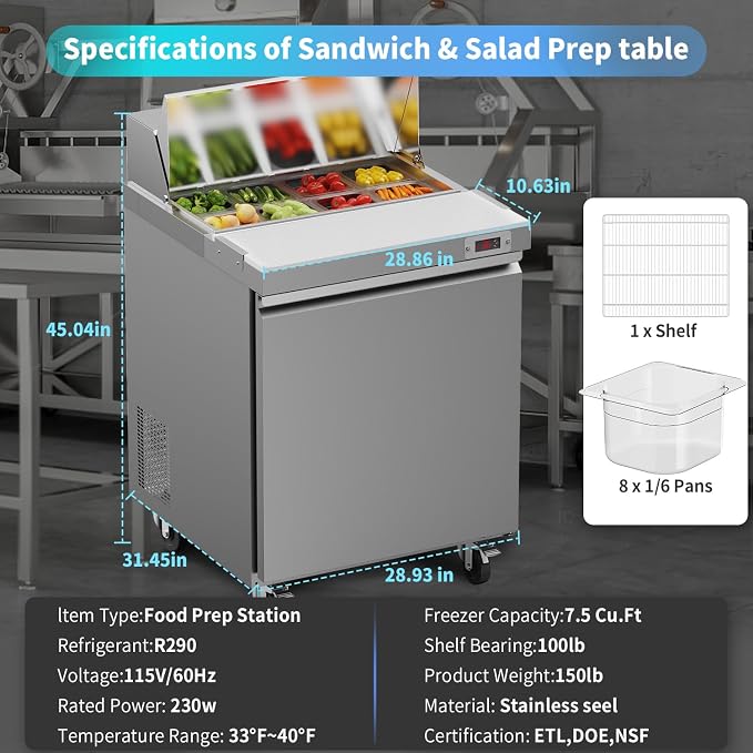 29" W Commercial Refrigerator Sandwich Salad Prep Table Refrigerator Stainless Steel with 8 Pans, Kitchen Equipment for Restaurant, Bar, Shop, Buffet, etc