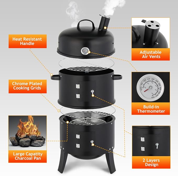 Vertical Charcoal Grill & Smoker for Backyard BBQ, Outdoor Cooking with Chimney and Powder-Coated Iron, Compact Barrel-Style Design, Black