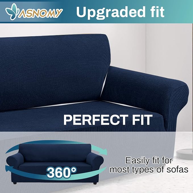 Asnomy Stretch Oversized Couch Covers for Sofa Slipcover,Navy Blue | 1-Piece Sofa Covers Washable(94"-110") 4-Seater Furniture Protector with Non Skid Foam and Elastic Bottom for Kids, Pets